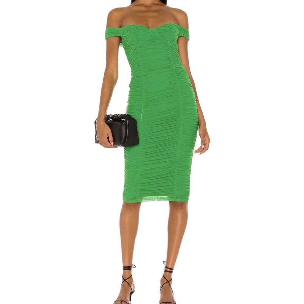 MAJORELLE Green Off-Shoulder Bodycon Midi Dress
